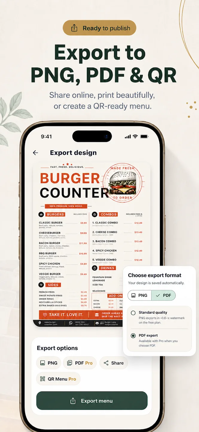 Menu Maker export screen showing the QR Menu option marked Pro